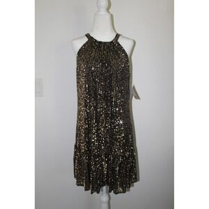 Taylor Women Black Gold Sequin Halter Ruffle Hem Cocktail Dress Size 6 NWT
